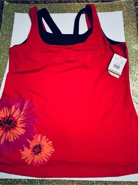 Xhilaration Red Tank Top with Black Shelf Bra and Floral Print